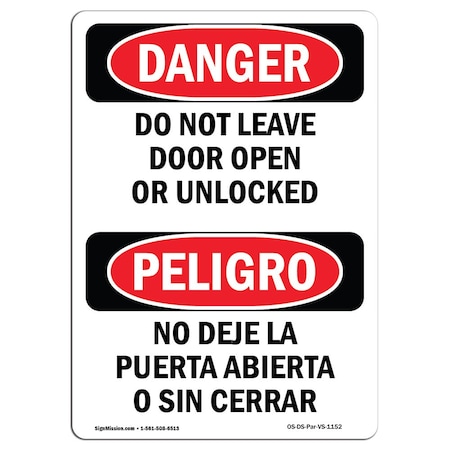 Signmission Safety Sign, OSHA Danger, 18" Height, Do Not Leave Door Open Or Unlocked Bilingual Spanish OS-DS-D-1218-VS-1152